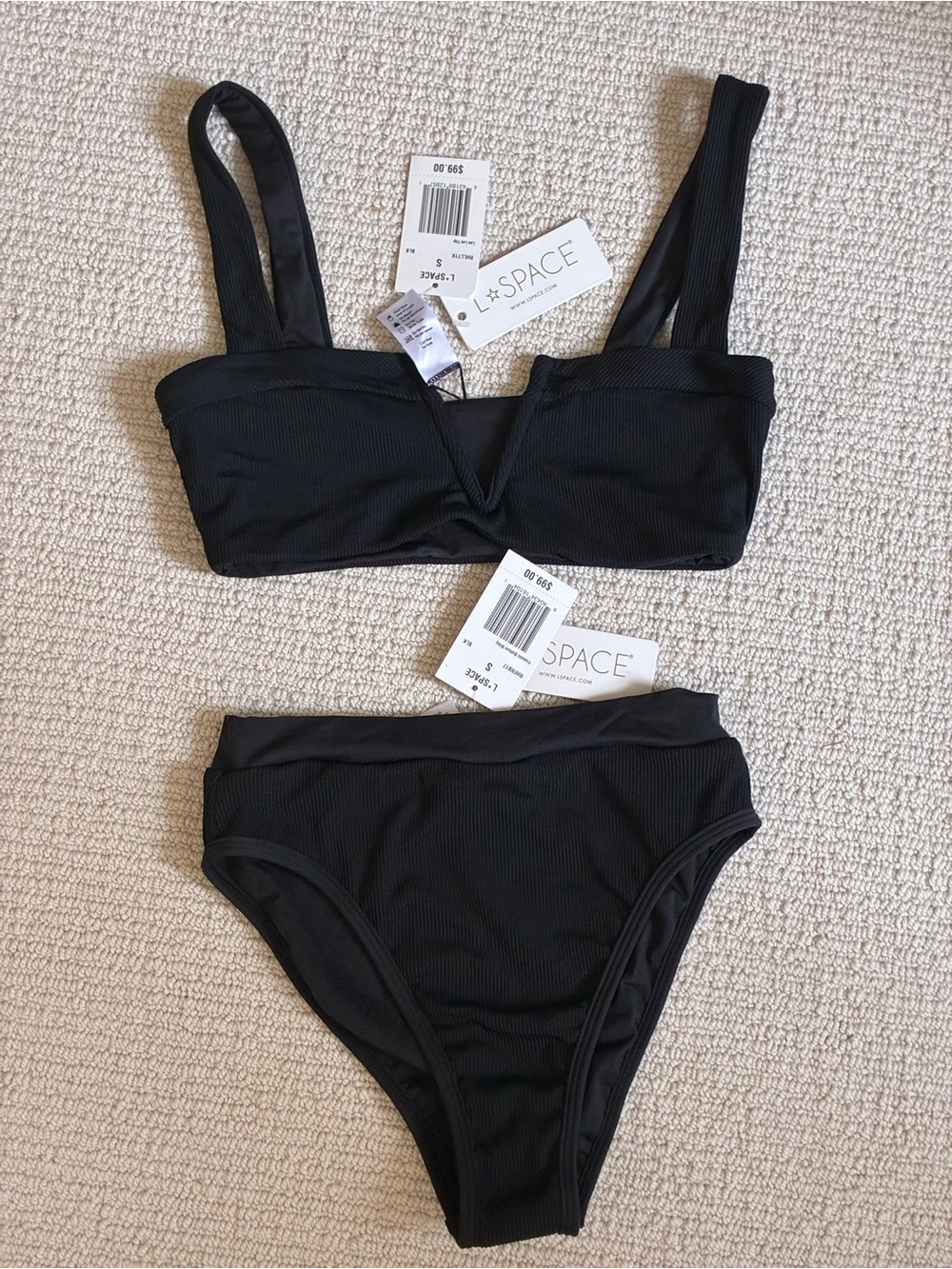 L*SPACE Girls Black Ribbed Bikini Set NWT Size Small